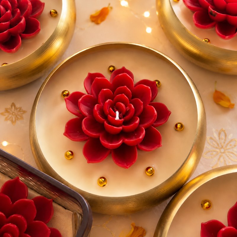 Red Lotus Bloom Bowl Candle – 5 Inch Diwali Décor