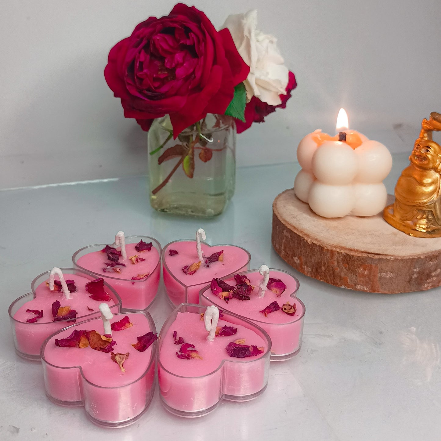 Heartful Hearts Candles with rose petals [Set of 12]